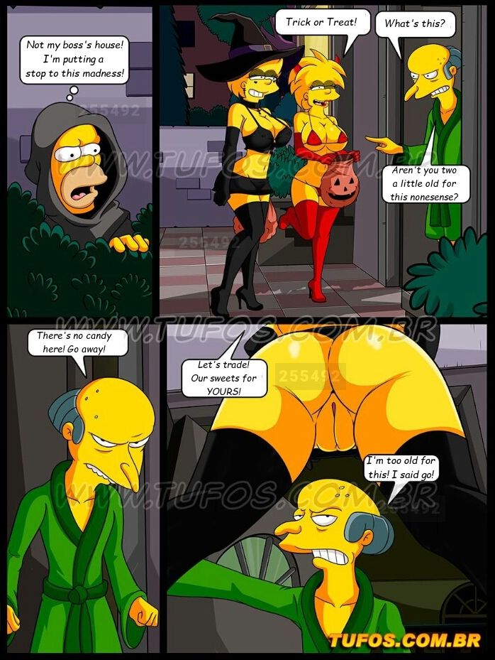 1girl 2_girls 2boys ass breasts comic father_&amp;_daughter halloween homer_simpson lisa_simpson maggie_simpson male nipples swimsuit text the_simpsons vaginal