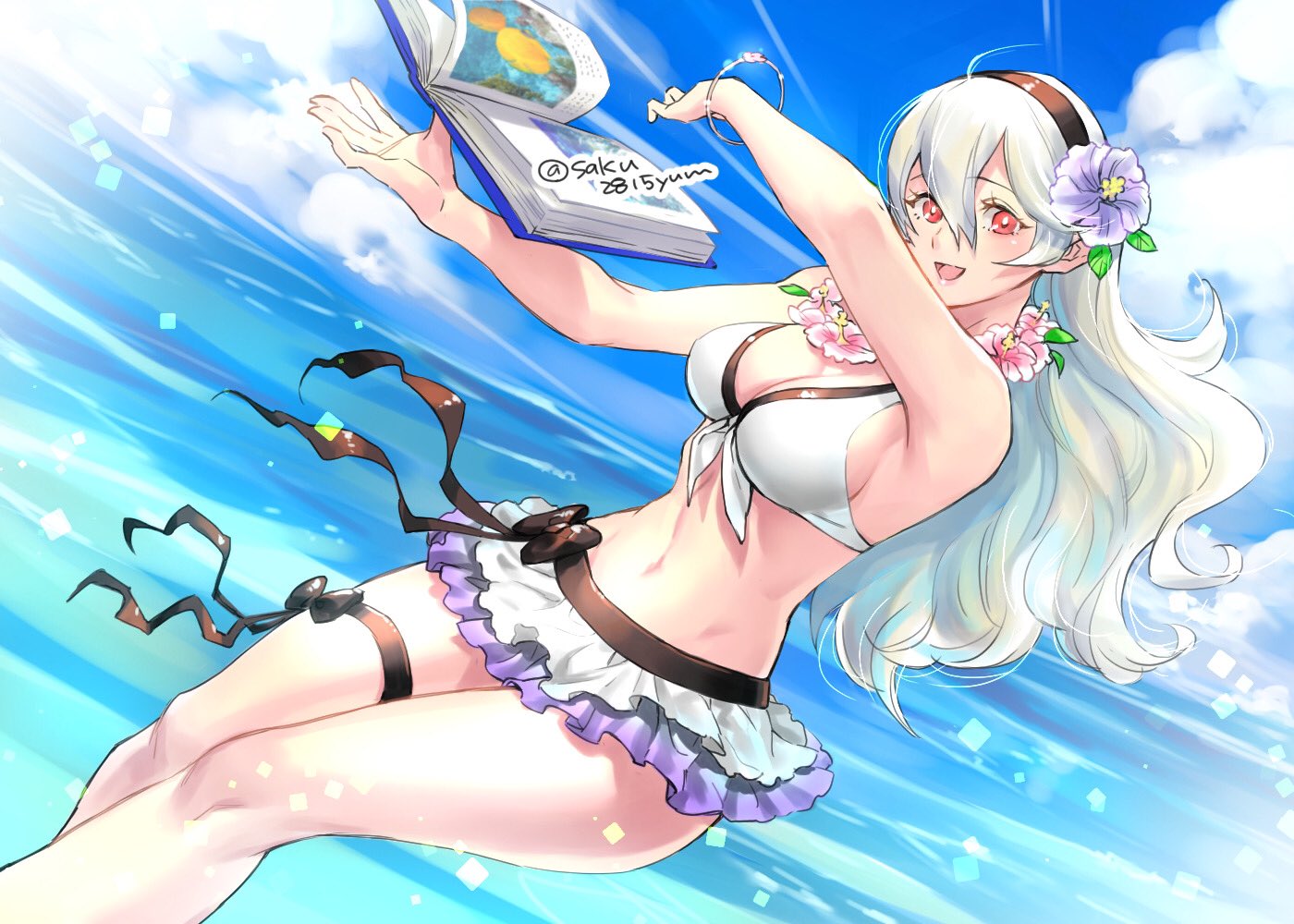 1girl alluring big_breasts bikini black_hairband blue_sky book breasts cleavage cloud corrin_(fire_emblem) corrin_(fire_emblem)_(female) day fire_emblem fire_emblem_fates fire_emblem_heroes flower hair_flower hair_ornament hairband long_hair looking_at_viewer nintendo open_book open_mouth red_eyes sky smile standing swimsuit thigh_strap tombsakura twitter_username voluptuous white_hair wreath