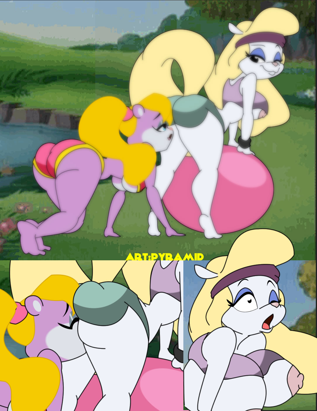 2_girls all_fours animaniacs ass_focus back ball berri big_ass big_breasts breasts_outside conker's_bad_fur_day face_in_ass furry minerva_mink pyramid_(artist) short_shorts sportswear yuri
