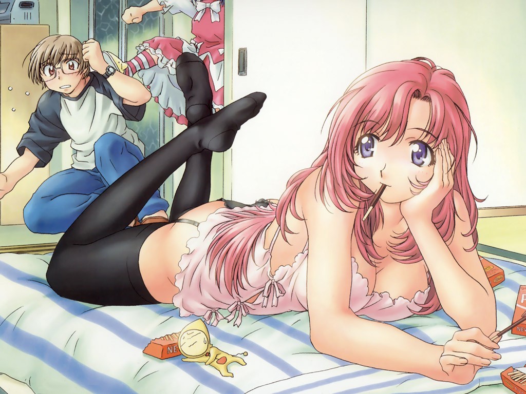 Xbooru - 1boy 2girls bed bedroom breasts candy female focus glasses hair  hentai kazami mizuho kei kusanagi kicking kusanagi kei long hair male  mizuho kazami multiple girls nervous onegai teacher pink hair