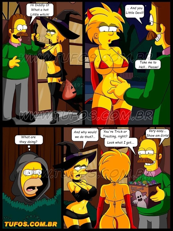 1girl 2_girls 2boys breasts comic father_&amp;_daughter halloween homer_simpson lisa_simpson maggie_simpson male ned_flanders nipples swimsuit text the_simpsons