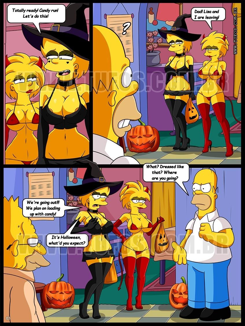 1girl 2_girls 2boys breasts comic father_&amp;_daughter halloween homer_simpson lisa_simpson maggie_simpson male nipples swimsuit text the_simpsons