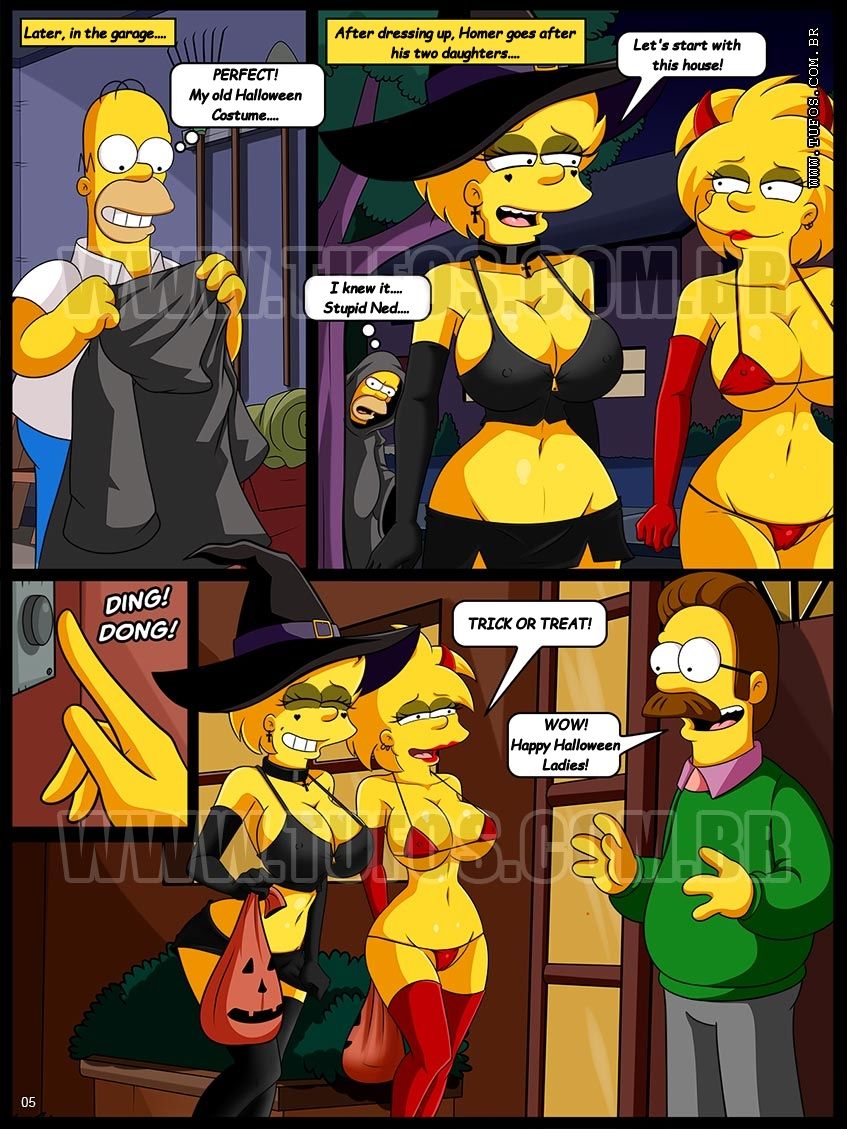 1girl 2_girls 2boys breasts comic father_&amp;_daughter halloween homer_simpson lisa_simpson maggie_simpson male ned_flanders nipples swimsuit text the_simpsons
