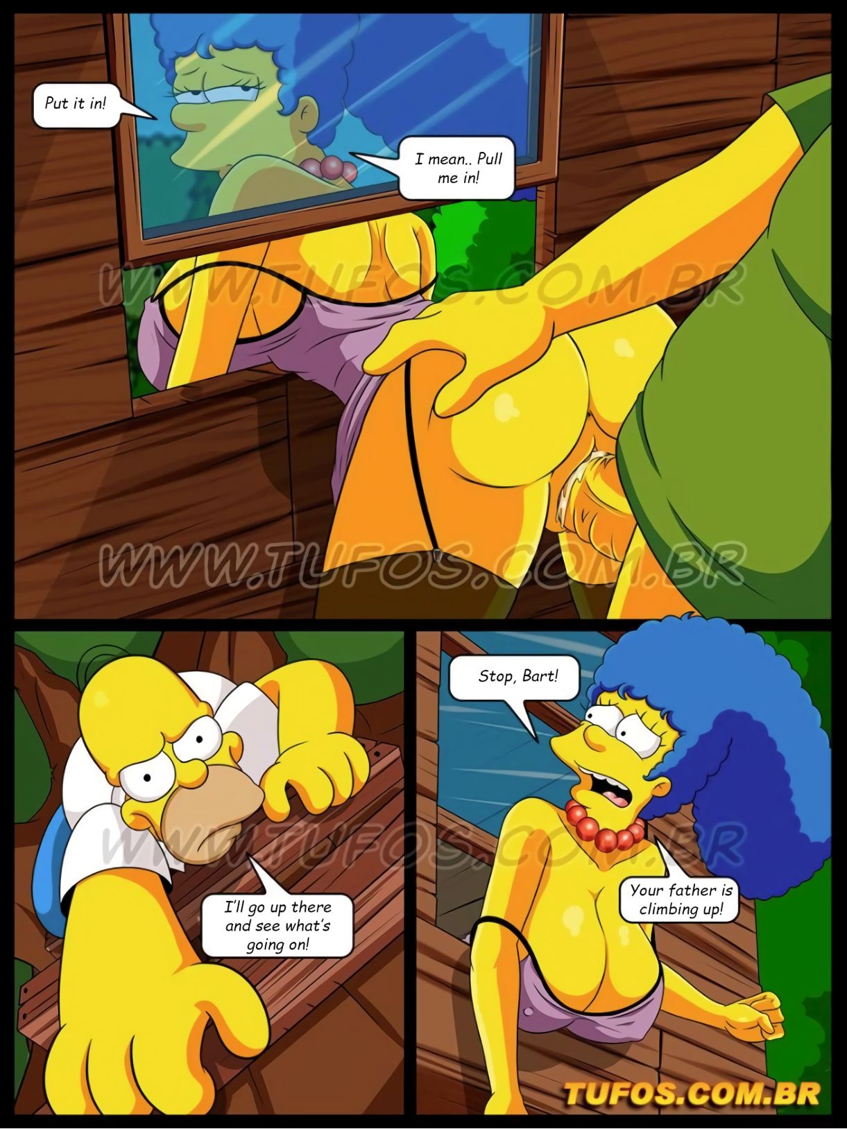 1girl 2boys ass bart_simpson breasts comic homer_simpson incest marge_simpson milf mother_and_son penis sex text the_simpsons vaginal