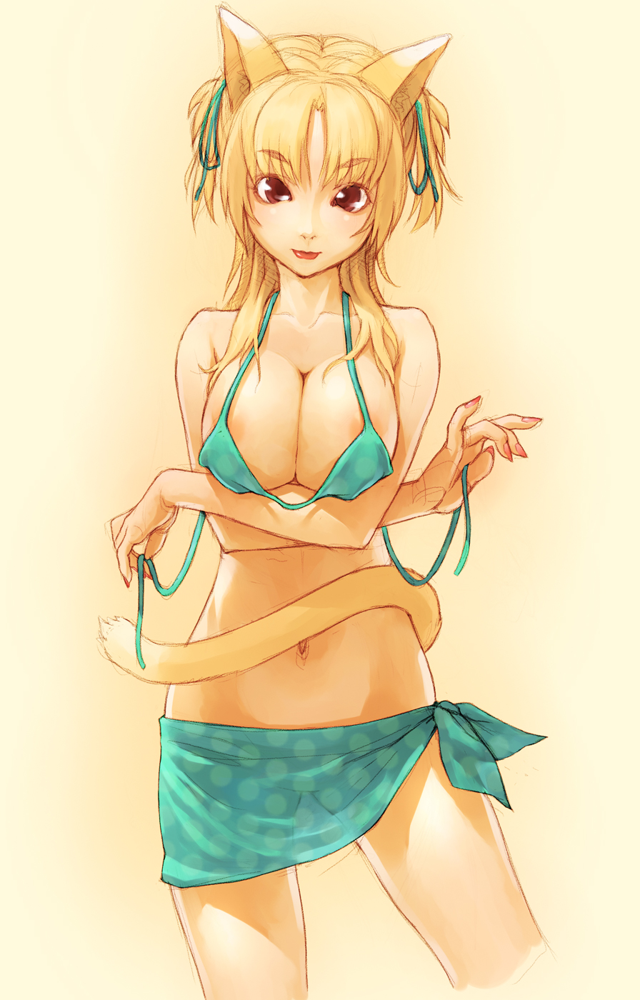 1girl animal_ears areola areola_slip areolae big_breasts bikini blonde_hair breast_lift breast_squeeze breasts brown_eyes cat_ears cat_tail crossed_arms face groin hands high_res highres large_breasts lips long_hair mimosa211 mound_of_venus neko neko_girl no_panties original sarong see-through solo swimsuit tail thigh_gap untied untying