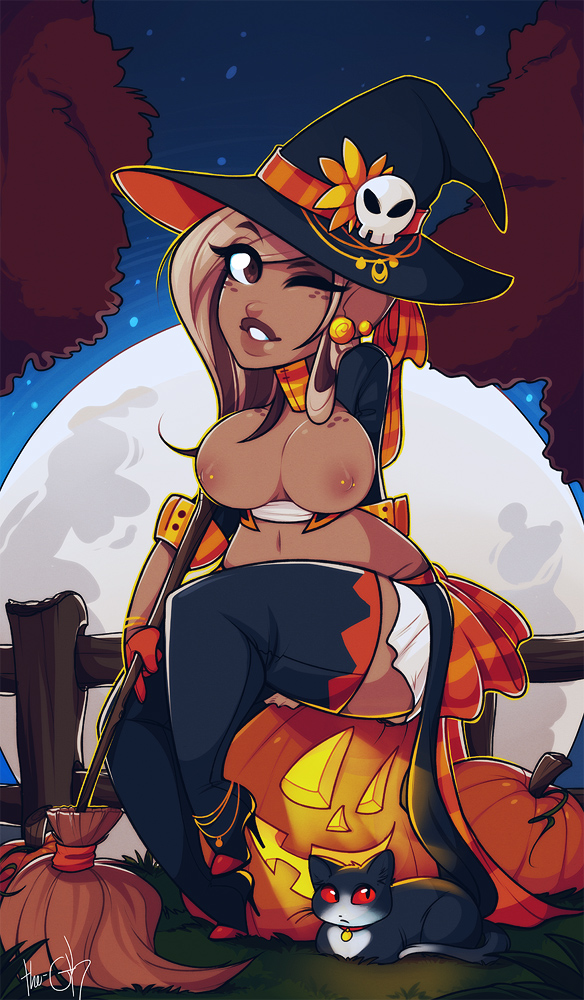 breasts broom cat cosplay halloween mechanized_(artist) pumpkin witch_hat ziya