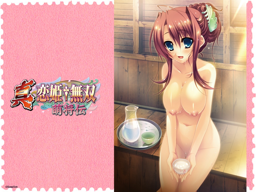1girl ahoge alcohol bangs bathhouse bathing big_breasts blue_eyes blush breasts cleavage drink groin hair_bun hair_ornament hair_up hairclip hanging_breasts hips holding indoors katagiri_hinata koihime_musou large_breasts light_rays long_hair looking_at_viewer mound_of_venus navel nipples no_pussy nude official_art open_mouth parted_bangs payot puffy_nipples red_hair ryuubi sakazuki sake sauna shin_koihime_musou shiny shiny_hair shiny_skin sidelocks sitting smile solo steam sunbeam sunlight thigh_gap tray wallpaper wet wet_hair wide_hips wooden_wall