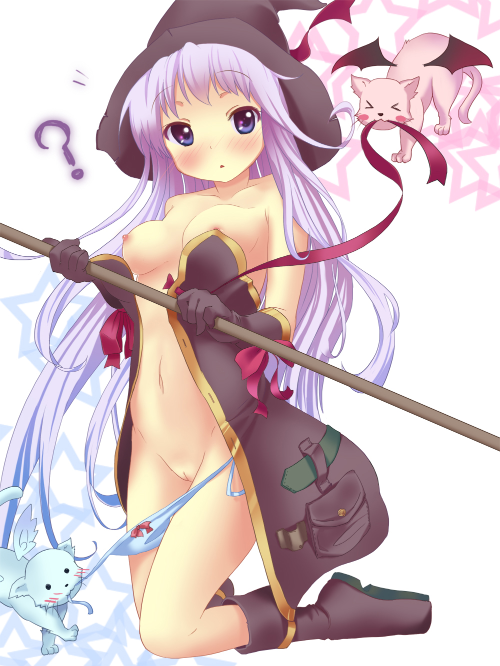 &gt;_&lt; 1girl :o ? anyannko bare_shoulders blue_eyes blush boots bow bow_panties breasts cat closed_eyes collarbone familiar gloves hair hat headgear highres kneel kneeling lavender_hair long_hair looking_at_viewer navel nipples no_bra original panties panty_pull purple_eyes pussy small_breasts solo staff star uncensored underwear very_long_hair wardrobe_malfunction white_background witch witch_hat