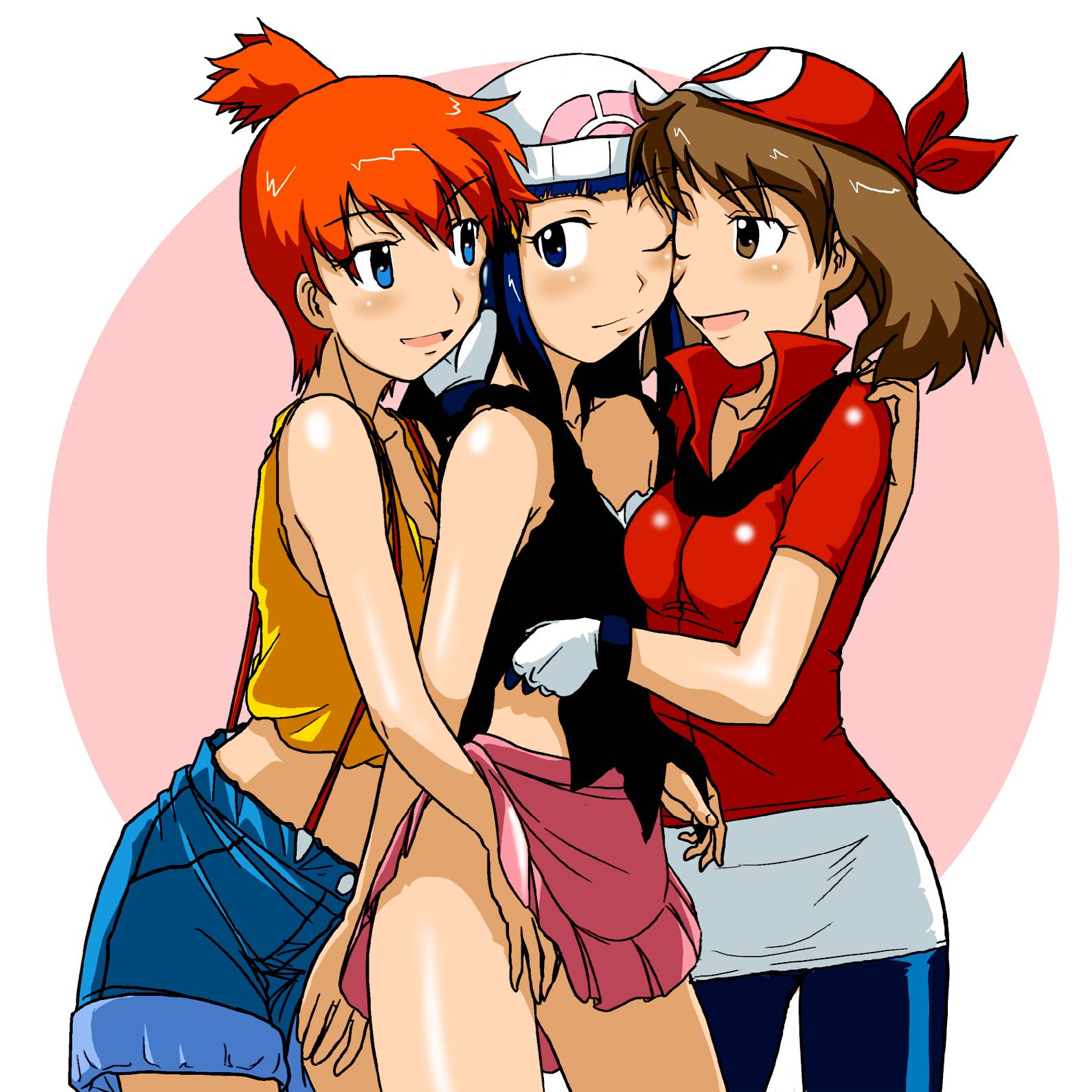 3girls :d ;) ;d alternate_eye_color bandana bare_legs bare_shoulders beanie bike_shorts blue_eyes blue_hair blush breasts brown_eyes brown_hair camisole dawn denim denim_shorts eye_contact friends girl_sandwich gloves group_hug gym_leader hand_on_another's_face hand_on_face harem haruka_(pokemon) hat kakkii kasumi_(pokemon) legs long_hair looking_at_another looking_back love may misty multiple_girls mutual_yuri naughty_face neck nintendo one_eye_closed open_mouth orange_hair pink_skirt pokemon pokemon_(anime) pokemon_(game) pokemon_dppt pokemon_frlg pokemon_rgby pokemon_rse red_bandana red_bandanna red_shirt sandwiched shirt short_hair short_sleeves shorts side_ponytail skirt sleeveless smile threesome wince wink yuri