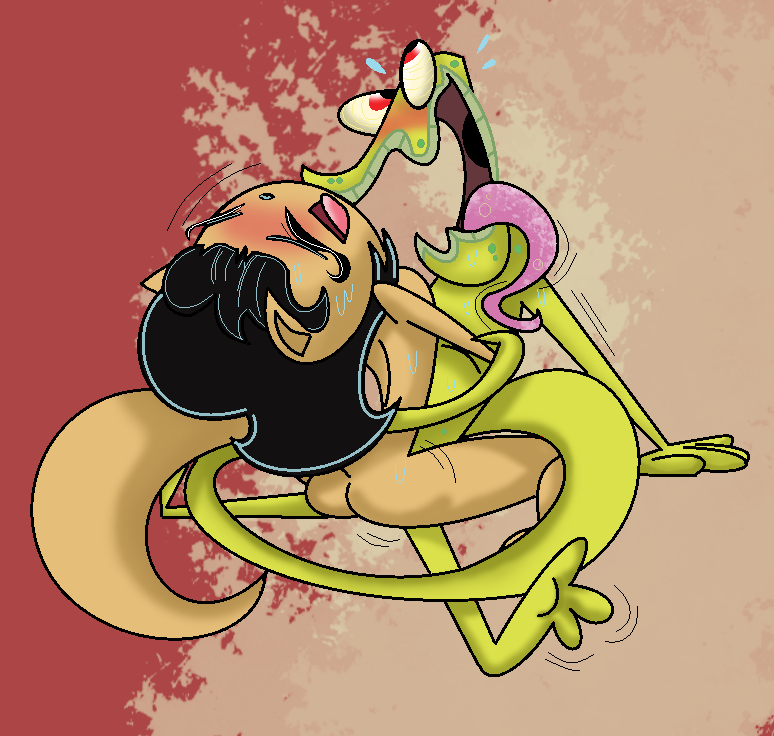 anthro ass black_hair blush cat chameleon feline furry kitty_katswell necro-opolis nude red_eyes reptile scalie short_hair sweat t.u.f.f._puppy the_chameleon tongue vaginal yellow_eyes
