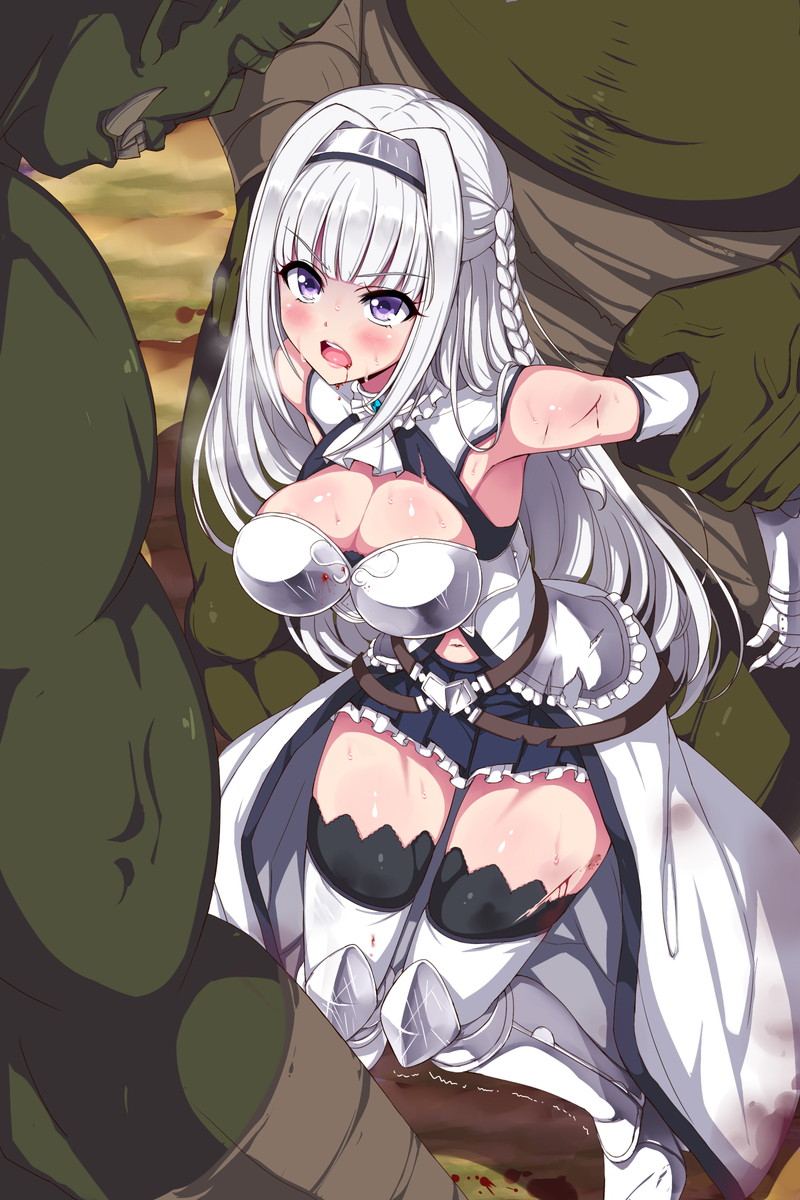 1girl 2boys about_to_be_violated armor artist_cg big_breasts blast_(artist) blood braid breasts cg_art cleavage defeated english_language female high_resolution injury knight light_skin long_hair lyricbox male multiple_boys orc potential_duplicate purple_eyes restrained shingeki_no_orc silver_hair tied_hair trembling white_hair
