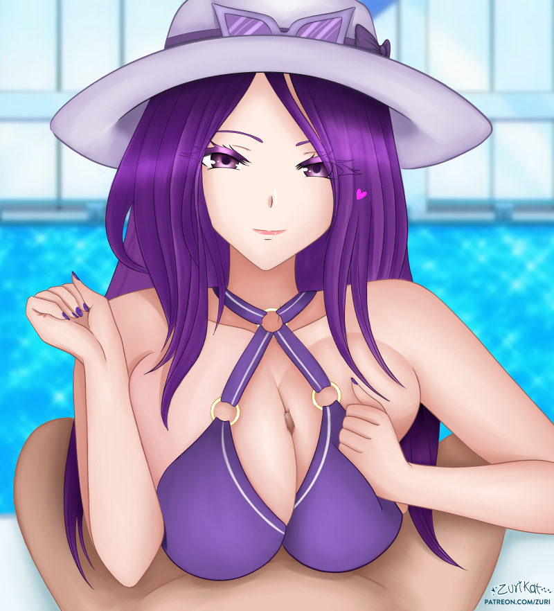 1boy 1girl big_breasts bikini bikini_top breast_grab breast_press breast_squeeze breasts caitlyn cleavage eye_contact eyebrows_visible_through_hair glasses hair_over_one_eye hat heart league_of_legends looking_at_viewer male male_pov nail_polish outercourse painted_nails paizuri paizuri_under_clothes pool pool_party_caitlyn poolside pov pov_eye_contact purple_bikini purple_eyes purple_hair purple_nails purple_swimsuit ribbon zurikat