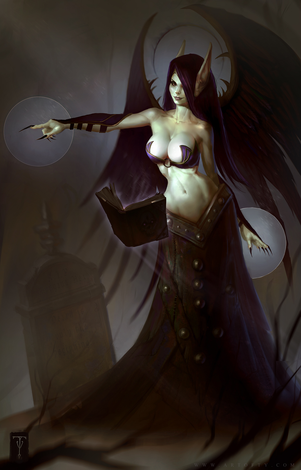 1girl bare_shoulders big_breasts breasts cleavage demon_girl fingernails floating_book high_res highres large_breasts league_of_legends long_fingernails long_hair long_skirt midriff morgana morgana_(league_of_legends) navel pointy_ears purple_hair red_eyes skirt smile solo tombstone tyler_james watermark wings