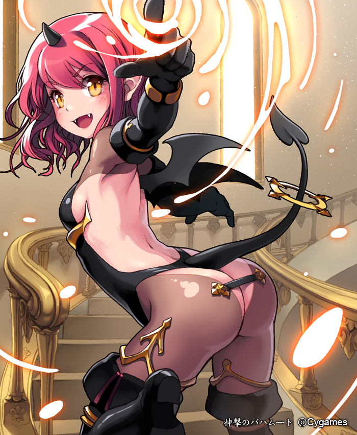 1girl ass black_gloves blush boots breasts character_request demon_girl demon_tail demon_wings elbow_gloves fangs flame gloves horn lena_(zoal) open_mouth pointing pointing_at_viewer red_hair shingeki_no_bahamut short_hair sideboob smile solo stairs tail thigh_boots thighhighs tricky_imp watermark window wings yellow_eyes
