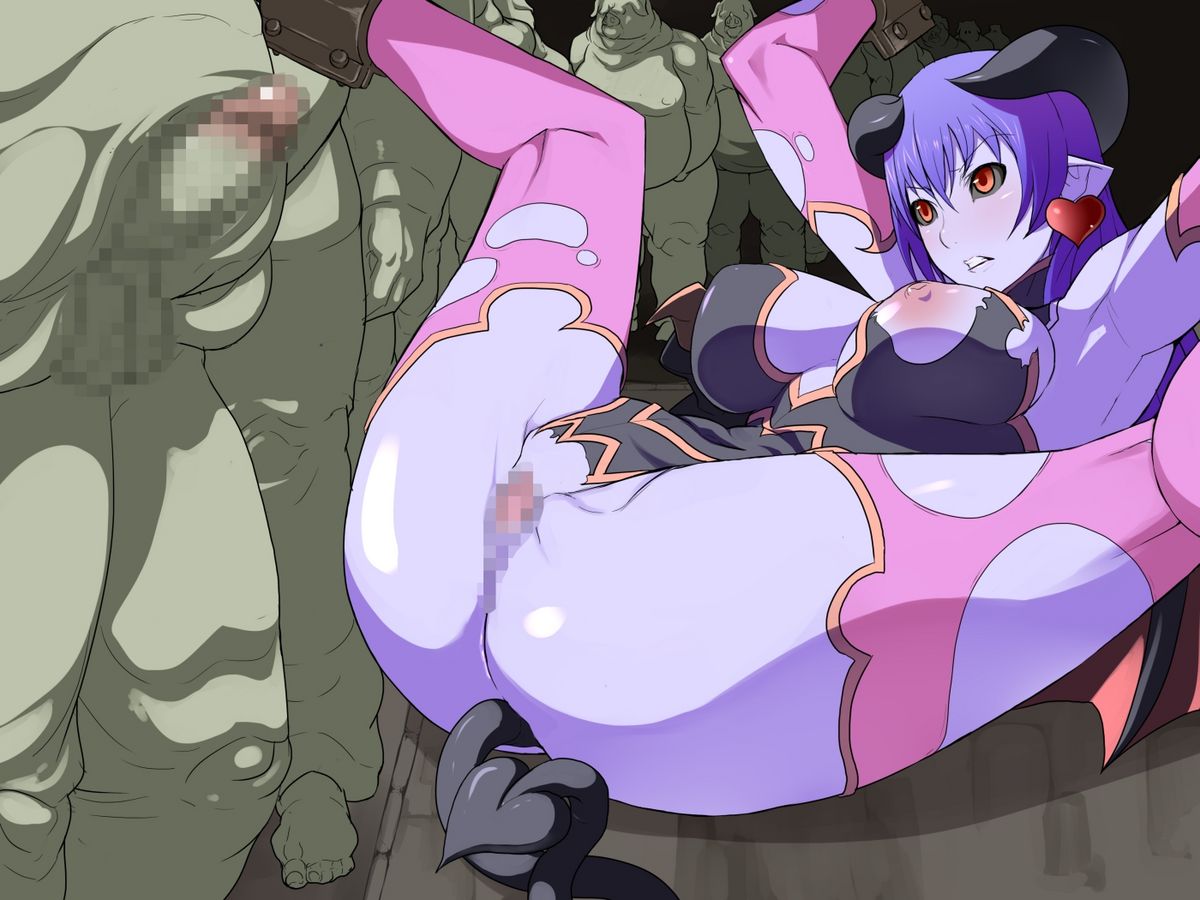 4:3_aspect_ratio about_to_be_violated astaroth_(shinrabanshou) black_sclera blue_hair blue_skin bottomless breast_slip breasts censored clothing color colored_skin demon demon_girl fat fat_male female female_focus lineup male nipple_slip nipples orc overweight overweight_male restrained shinrabanshou succubus tail thighhighs torn_clothes vagina