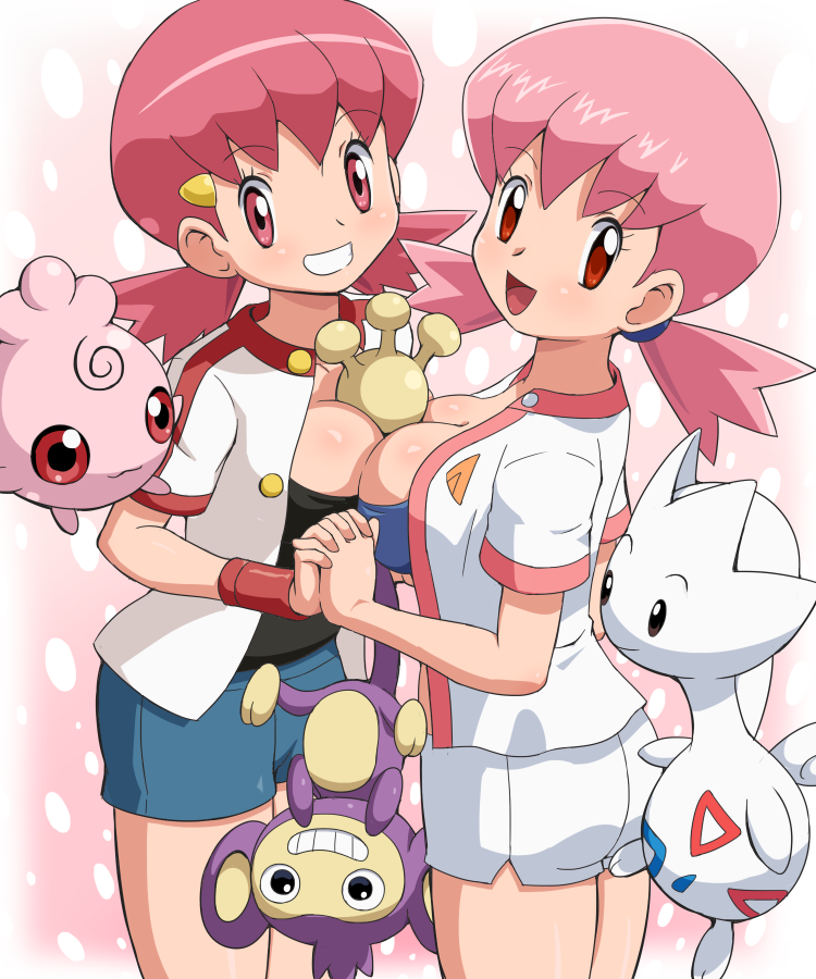 2girls aipom akane_(pokemon) annotated between_breasts breast_press breasts cleavage comparison cowboy_shot dual_persona grin gym_leader hair_ornament hand_holding holding_hands igglybuff looking_at_viewer looking_back multiple_girls open_clothes pink_eyes pink_hair pokemoa pokemon pokemon_(game) pokemon_gsc pokemon_hgss rubber_band short_twintails shorts smile soara symmetrical_docking togetic twin_tails twintails unbuttoned whitney wristband yuri
