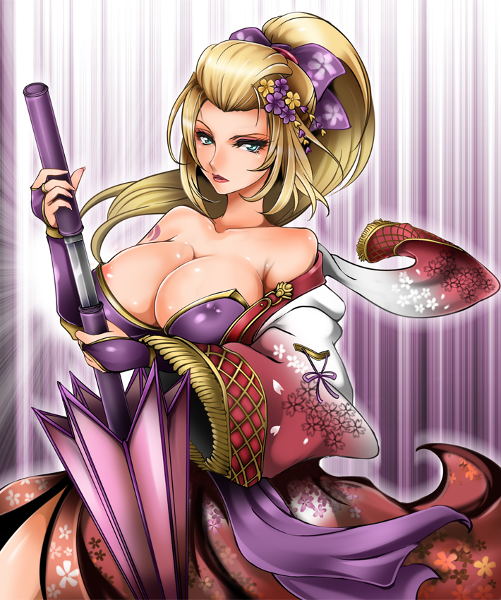 1041_(toshikazu) 1girl alluring aqua_eyes areola_slip bare_shoulders big_breasts blonde_hair bow breasts bridal_gauntlets cleavage closed_umbrella covered_erect_nipples expressionless eyelashes floral_print flower fringe_trim gradient green_eyes hair_bow hair_flower hair_ornament holding huge_breasts japanese_clothes kimono lipstick long_hair long_sleeves looking_at_viewer makeup motion_blur motion_lines nipple_slip nipples off_shoulder outline parted_lips ponytail project_soul red_lips ribbon sash setsuka sheath shiny shiny_skin soul_calibur soul_calibur_iii soul_calibur_vi speed_lines sword tattoo umbrella unsheathing weapon wide_sleeves