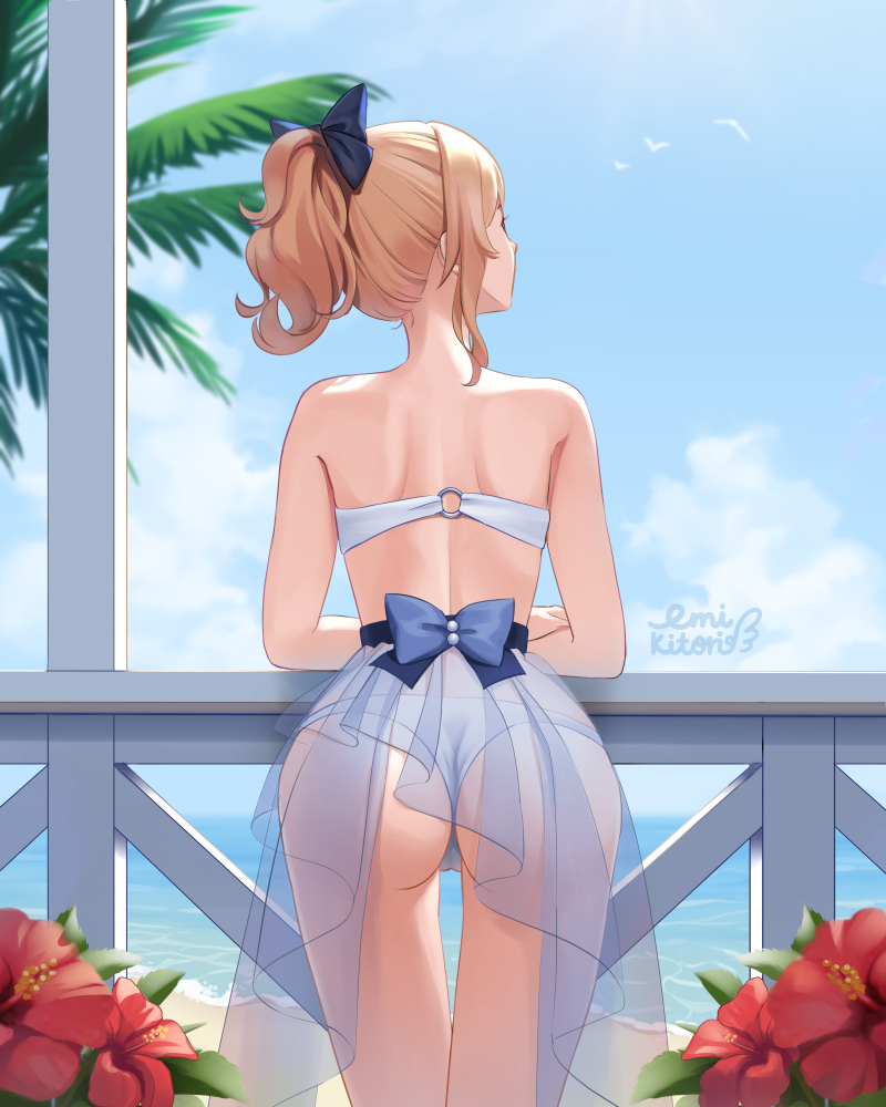 1girl adapted_costume alluring ass bare_back bare_shoulders beach bikini bird blonde_hair blue_bow blue_sky bow cloud commentary cowboy_shot crossed_arms english_commentary flower from_behind genshin_impact hair_bow hibiscus jean_(genshin_impact) jean_gunnhildr leaning_forward leaning_on_rail lilia_creative looking_to_the_side o-ring o-ring_top ocean outside palm_tree ponytail red_flower revision seagull see-through sidelocks sky strapless strapless_bikini swimsuit tree watermark white_bikini white_swimsuit