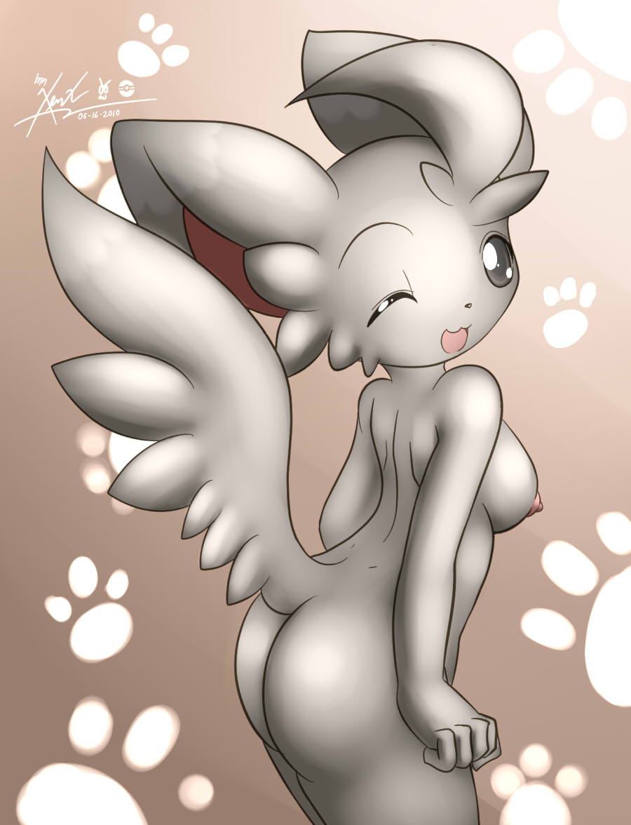 2010 animal_ears ass bottomless breasts chillarmy female furry grey_eyes looking_at_viewer minccino mn_xenx mn_xenx_(artist) nintendo nipples nude one_eye_closed open_mouth pokemon pokemon_furry pokemorph silver_eyes solo tail tongue topless wink