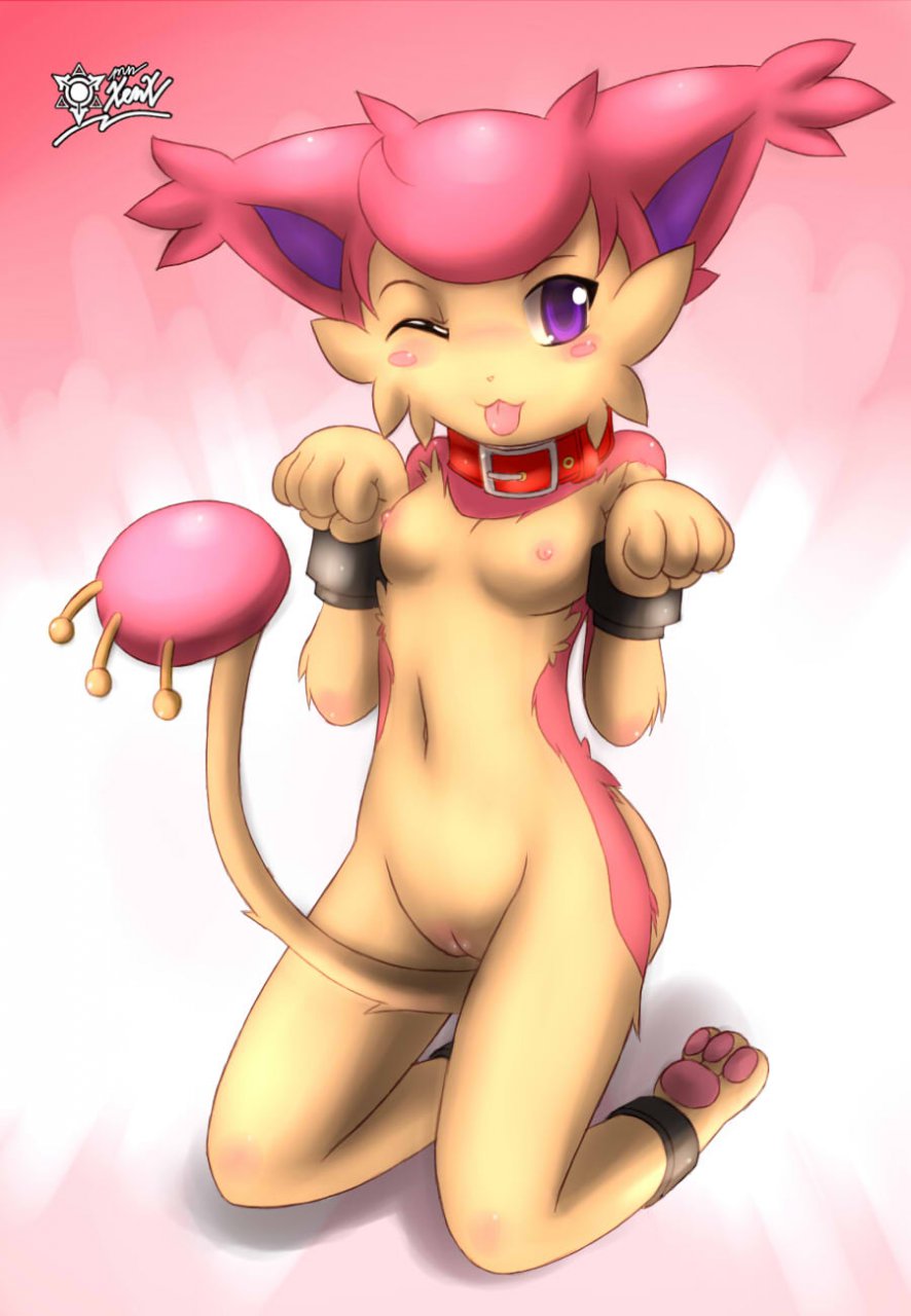;p animal_ears barefoot belly blush breasts cat collar feet feline female furry midriff mn_xenx mn_xenx_(artist) navel nintendo nipples nude pawpads paws pokemon pussy skitty soles solo tail toes video_games
