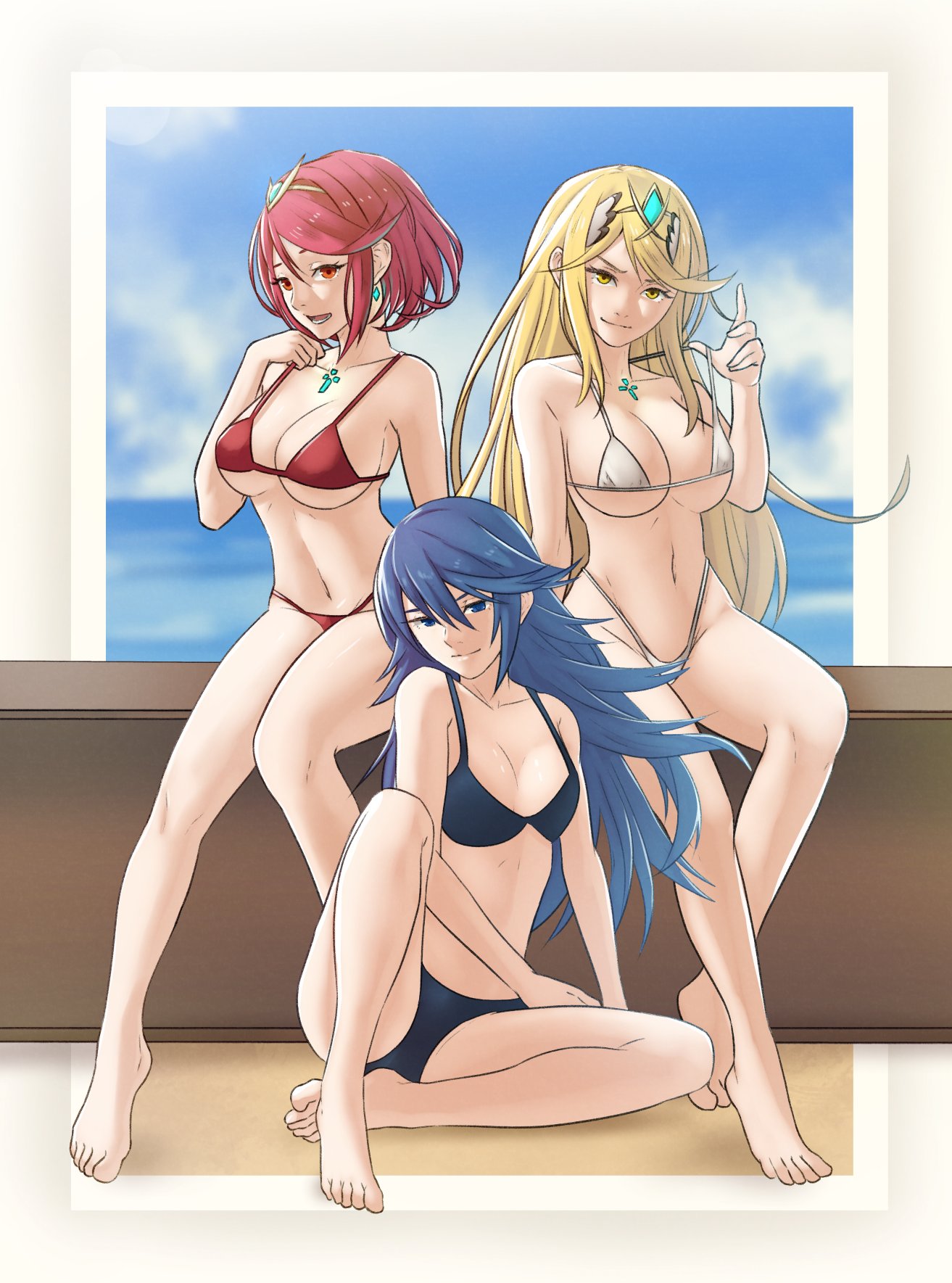 3_girls alluring bangs bare_shoulders barefoot big_breasts bikini blonde_hair blue_bikini blue_eyes blue_hair breasts chest_jewel closed_mouth collarbone crossover fire_emblem fire_emblem_awakening full_body hair_between_eyes hair_ornament high_res long_hair looking_at_viewer lucina lucina_(fire_emblem) multiple_girls mythra mythra_(xenoblade) navel nintendo open_mouth pomelomelon pyra pyra_(xenoblade) red_bikini red_eyes red_hair short_hair sitting small_breasts smile super_smash_bros. swept_bangs swimsuit thighs white_bikini xenoblade_(series) xenoblade_chronicles_(series) xenoblade_chronicles_2 yellow_eyes