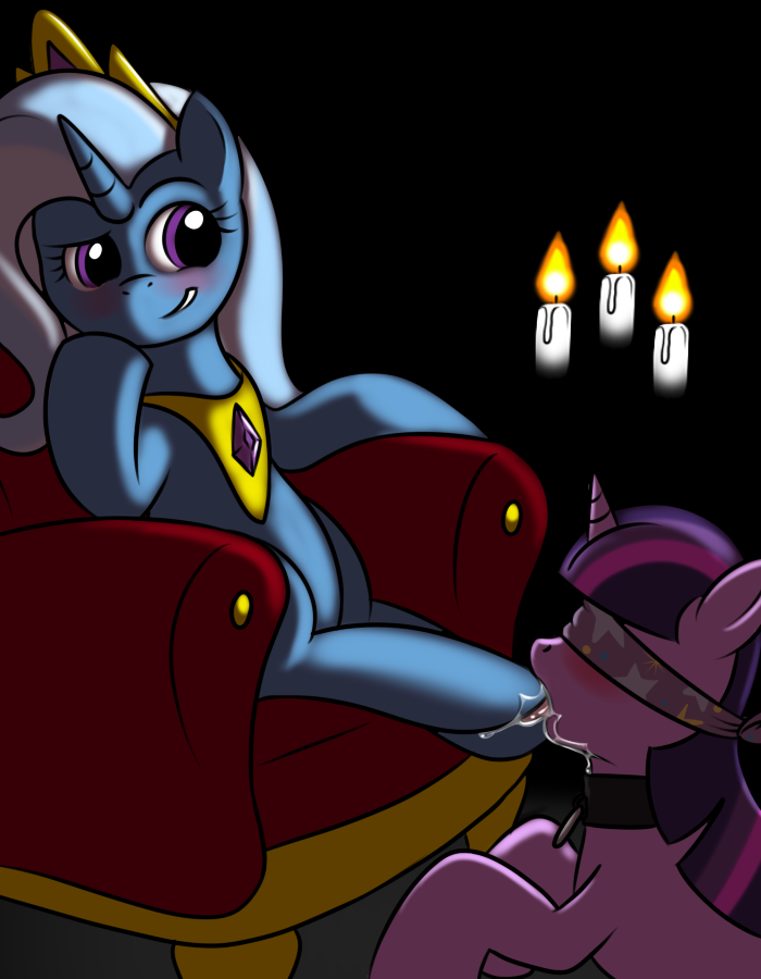 blindfold blush candle chair female fire foot_fetish friendship_is_magic hooves horns kloudmutt licking my_little_pony purple_eyes saliva smile tongue trixie trixie_(mlp) twilight_sparkle twilight_sparkle_(mlp) yuri