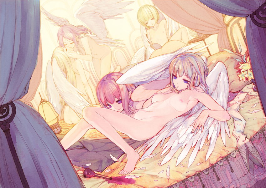 5girls :&lt; angel angel_wings armpits ass bad_id bad_pixiv_id barefoot bed blonde_hair blue_eyes breasts canopy_bed closed_eyes commentary_request cunnilingus curtain curtains feathered_wings feathers feet female flask flower flowers group_sex hands kimura_daisuke kiss kissing legs long_hair lying magenta_eyes multiple_girls navel nipples nude oral orgy original potion purple_eyes short_hair small_breasts wings yuri