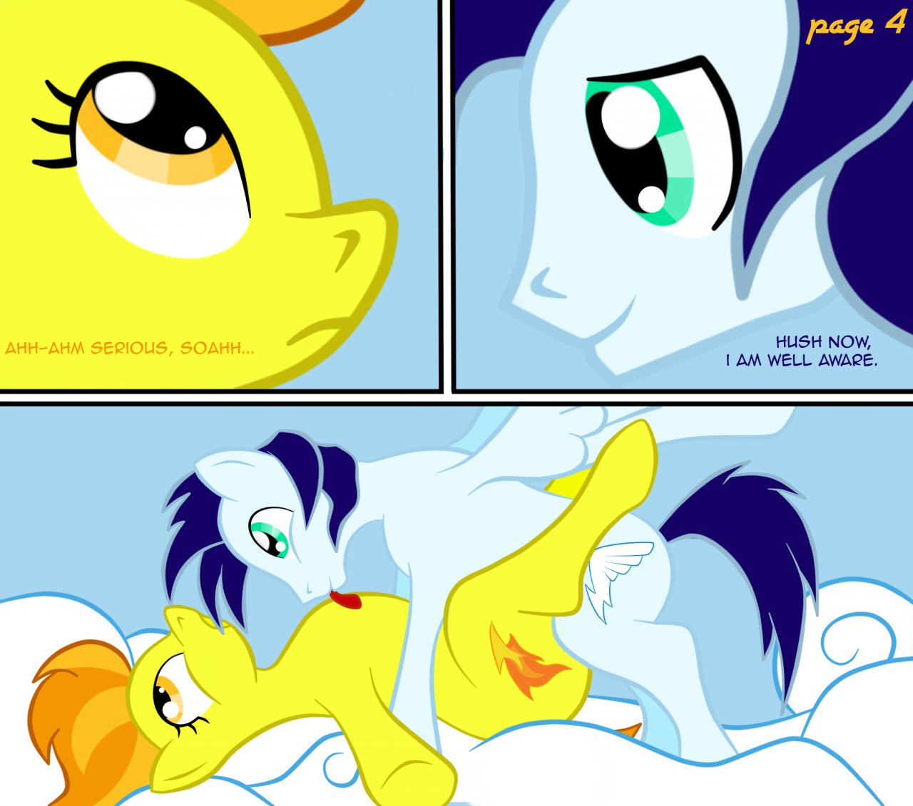 2011 blue_fur comic english_text equine female friendship_is_magic hair horse licking male multicolored_hair my_little_pony pegasus pony soarin spitfire taharon tail text tongue wings wonderbolts_(mlp)