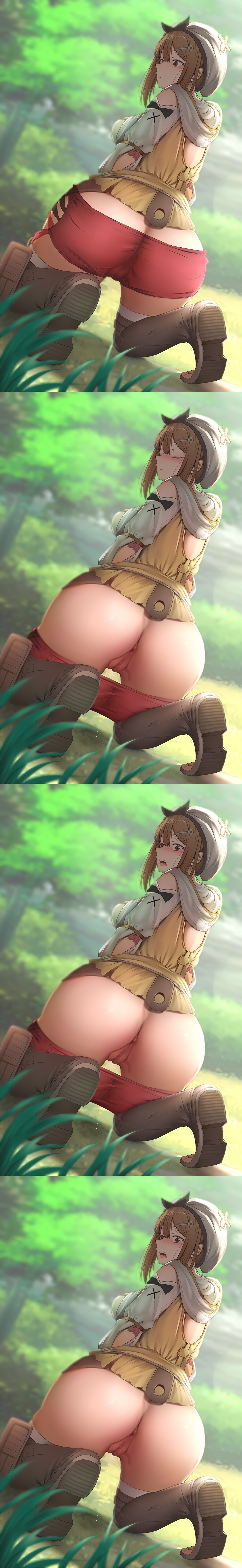 1girl 1girl anus ass atelier atelier_(series) atelier_ryza big_ass blush brown_hair censored clothed_female female_focus female_only ginhaha grass hair_ornament hair_ribbon hairclip human kneel looking_at_viewer looking_back looking_back_at_viewer medium_hair mosaic_censoring open_mouth outside pussy pussy reisalin_stout ribbon short_hair solo_female solo_focus stockings tagme video_game_character video_game_franchise