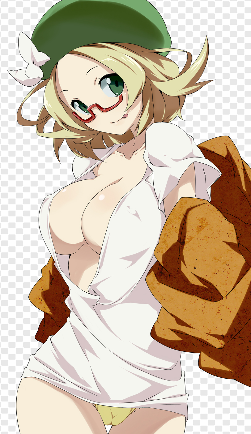 1girl :p bel_(pokemon) bianca_(pokemon) blonde_hair bow breasts cameltoe checkered checkered_background cleavage erect_nipples glasses green_eyes hat highres huge_breasts humans_of_pokemon jacket large_breasts no_bra no_pants off_shoulder panties pokemon pokemon_(game) pokemon_black_and_white pokemon_bw pokemon_bw2 short_hair solo tongue tongue_out toru_k unbuttoned underwear undressing yellow_panties