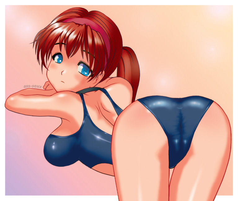 1girl ass ass-soxx_(artist) bent_over blue_eyes female one-piece_swimsuit