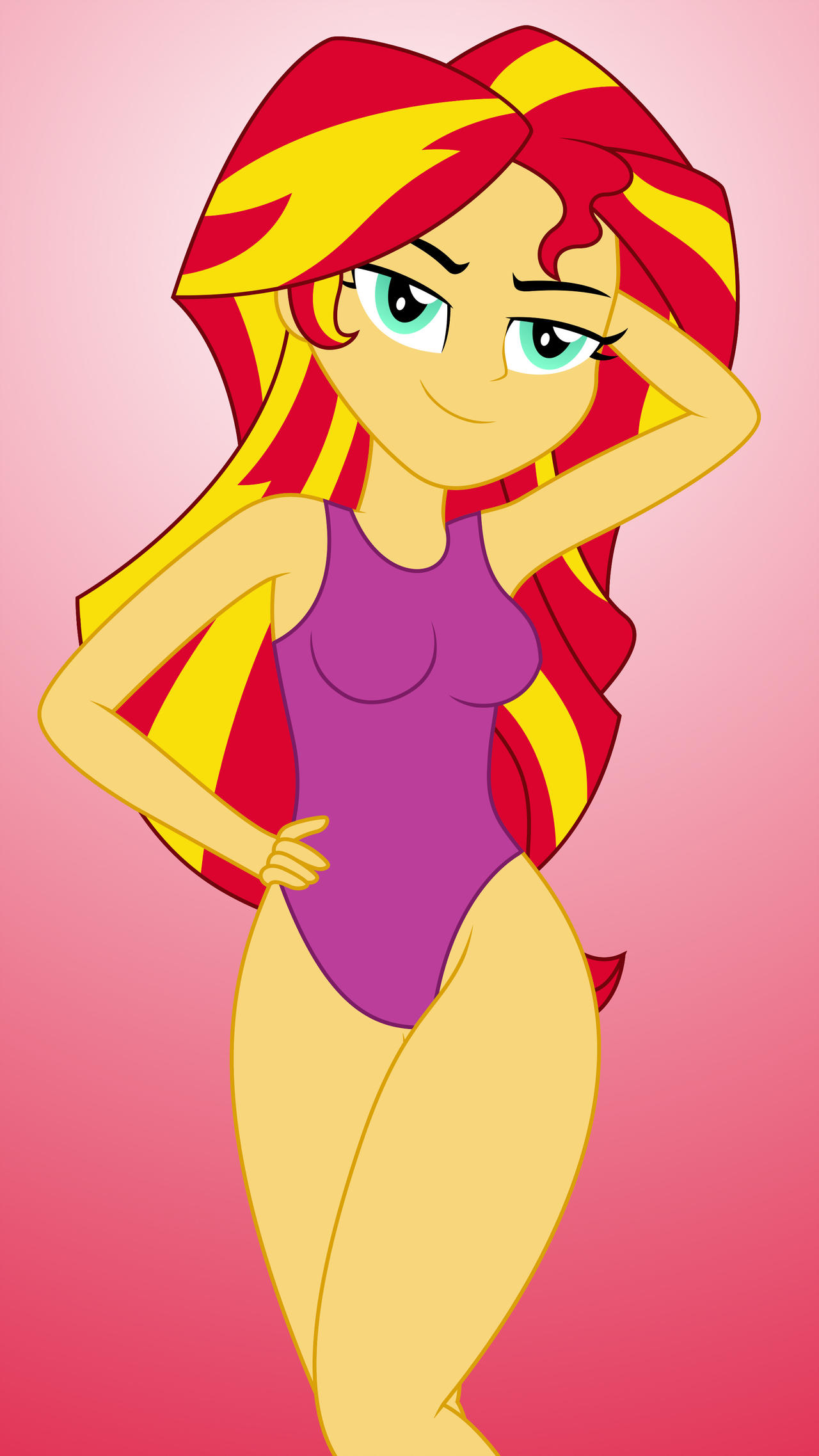 1girl equestria_girls female female_only friendship_is_magic hand_behind_head long_hair looking_at_viewer mostly_nude my_little_pony one-piece_swimsuit purple_swimsuit solo sunset_shimmer sunset_shimmer_(eg) swimsuit tjlive5