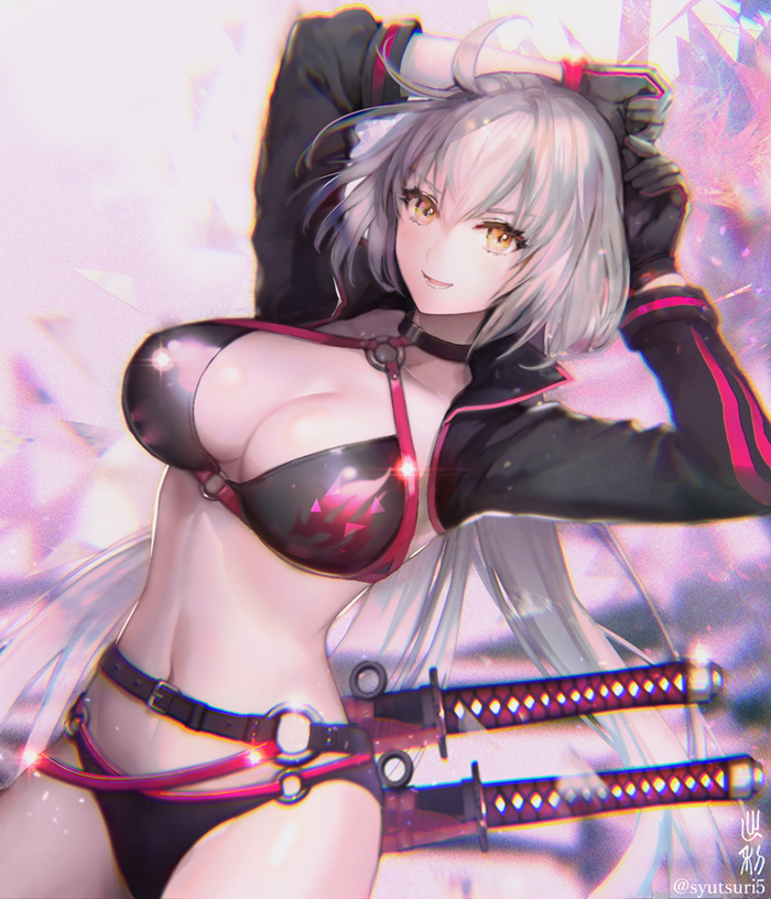 1girl ahoge arms_behind_head arms_up belt bikini black_bikini black_gloves breasts cleavage double_vertical_stripe fate/grand_order fate_(series) gloves halterneck jeanne_d'arc_(alter)_(swimsuit_berserker) jeanne_d'arc_(fate)_(all) long_hair long_sleeves looking_at_viewer o-ring o-ring_bikini orange_eyes pale_skin parted_lips sheath shrug_(clothing) silver_hair smile sword very_long_hair weapon weapon_on_back