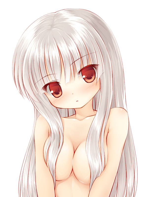 1girl blush breasts bust censor_hair cleavage hair_censor hair_over_breasts head_tilt long_hair looking_at_viewer nude open_mouth original red_eyes silver_hair simple_background smile solo upper_body white_background white_hair yuku_(kiollion)