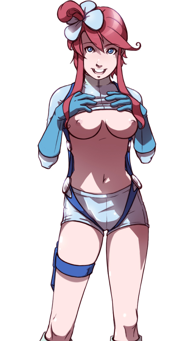 1girl blue_eyes breasts dave_cheung female_only fuuro fuuro_(pokemon) gloves gym_leader looking_at_viewer navel nipples open_mouth pokemon pokemon_(game) pokemon_black_and_white pokemon_bw red_hair shirt_lift shorts simple_background skyla skyla_(pokemon) smile solo solo_female white_background