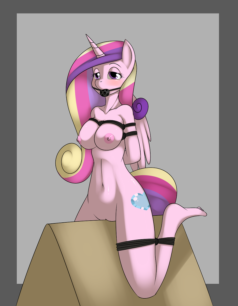 anthro ball_gag bdsm belly bondage boots bound breasts cutie_mark equine female friendship_is_magic furry hair horn horse kloudmutt latex midriff multicolored_hair my_little_pony navel plain_background pony princess_cadance rope solo winged_unicorn wings wooden_horse