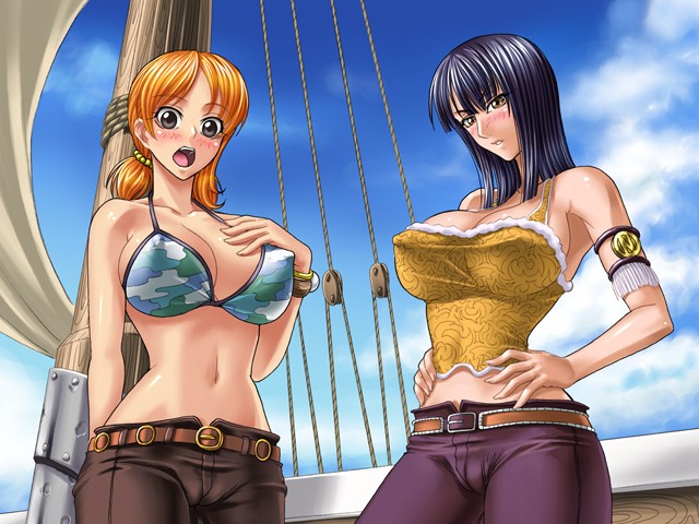 2girls armlet armpits bangle belt big_breasts bikini_top black_hair blush bracelet breasts buckle cameltoe cleavage cowboy_shot day embarrassed going_merry_(ship) hand_on_hip hand_on_own_chest hourglass_figure huge_breasts jewelry kagami_hirotaka large_breasts log_pose looking_at_viewer looking_back midriff multiple_girls nami nami_(one_piece) navel nico_robin nose_blush one_piece open_mouth orange_eyes orange_hair outdoors pants ship standing stomach straw_hat_pirates swimsuit tight_pants twintails vehicle watercraft