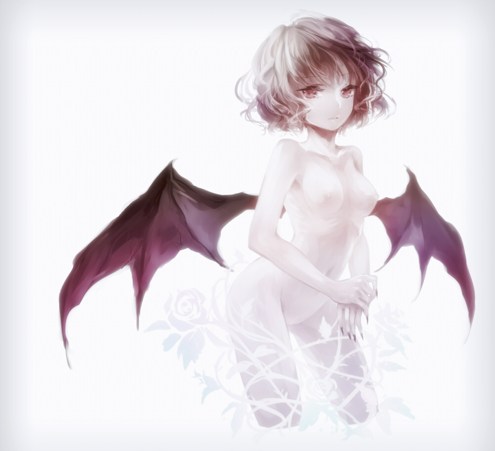 1girl bat_wings breasts face female fingernails flower hands long_fingernails monochrome nail_polish navel nipples nude pale_skin pussy remilia_scarlet ria ribs rose short_hair solo touhou wings