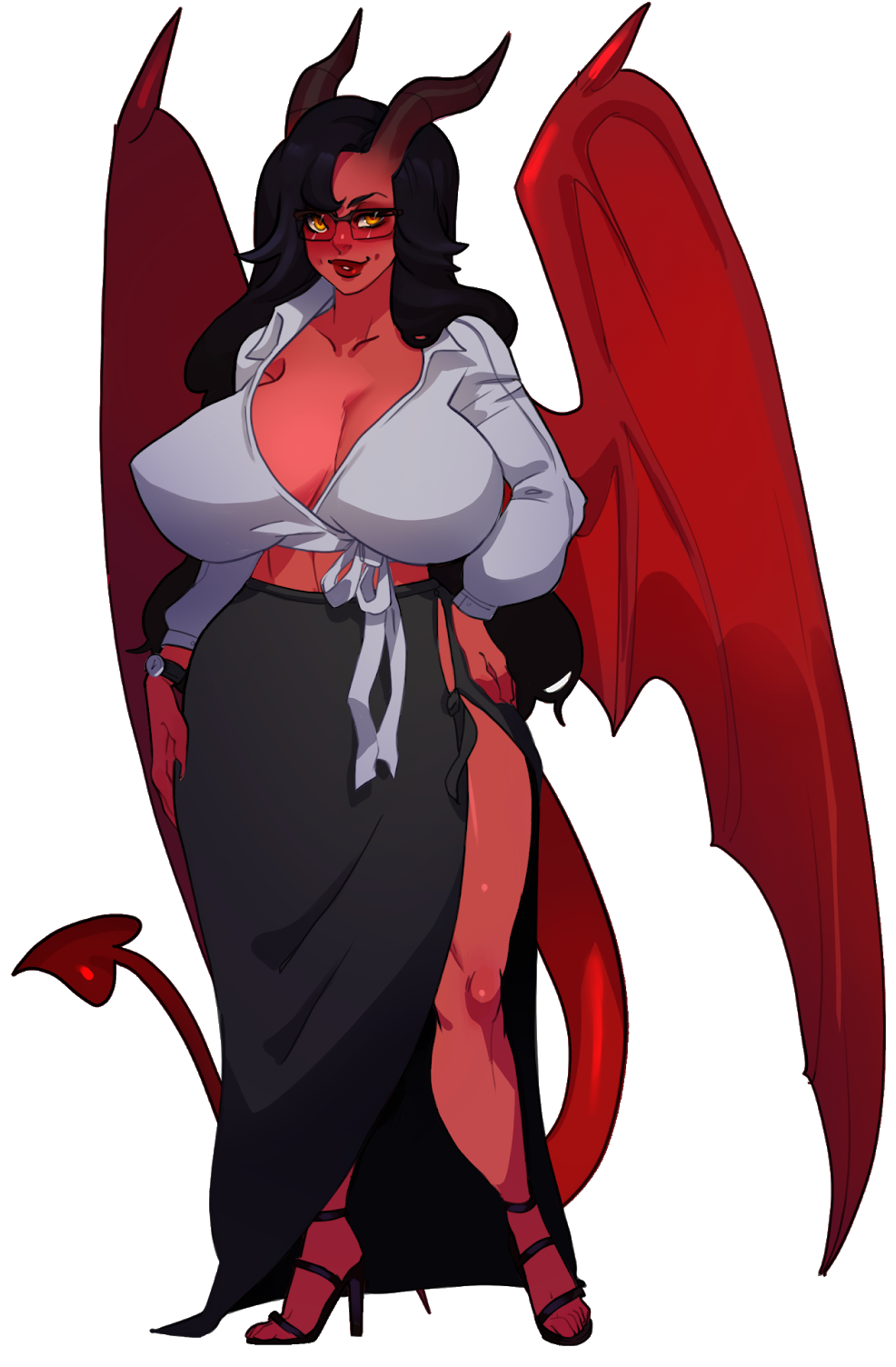 bat_wings big_breasts black_hair demon demon_girl demon_horns demon_tail glasses large_ass lilith_throne milf red_skin sexy succubus yellow_eyes