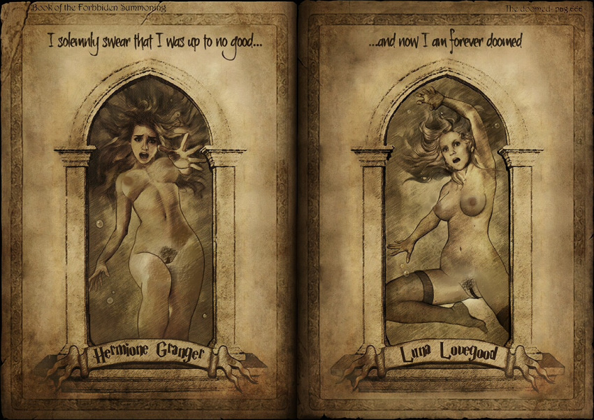 2girls book breasts english_text female_only harry_potter hermione_granger luna_lovegood ninjartist nude pussy stockings