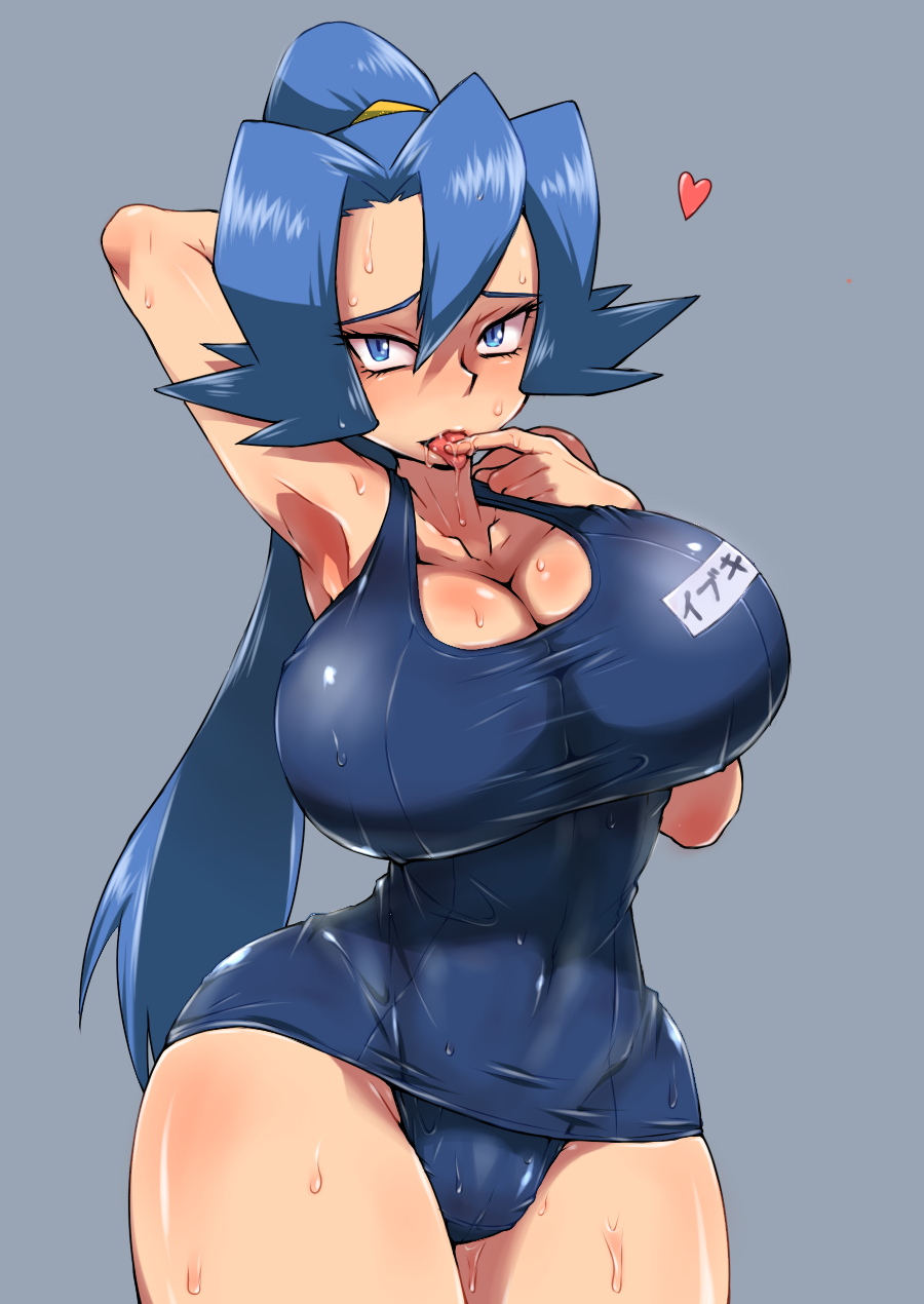 1girl armpit armpits bad_id big_breasts blue_background blue_eyes blue_hair breasts clair cleavage curvy female finger_in_mouth grey_background gym_leader hairband heart highres huge_breasts hun ibuki_(pokemon) large_breasts lick licking long_hair looking_at_viewer mizugi name_tag nintendo one-piece_swimsuit pokemon pokemon_(game) pokemon_hgss ponytail saliva school_swimsuit shirt simple_background slender_waist solo sweat swimsuit taut_clothes taut_shirt text thick_thighs thigh thighs tongue translated wet wide_hips