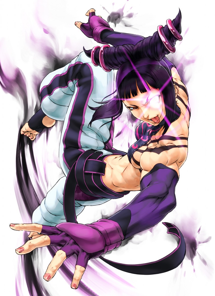1girl barefoot breasts capcom cozy drill_hair feet fingerless_gloves gloves glowing glowing_eye glowing_eyes halter_top halterneck highres juri_han medium_breasts muscle muscular_female nail_polish pink_nails sideboob solo street_fighter street_fighter_iv street_fighter_iv_(series) toeless_socks tongue tongue_out twin_drills