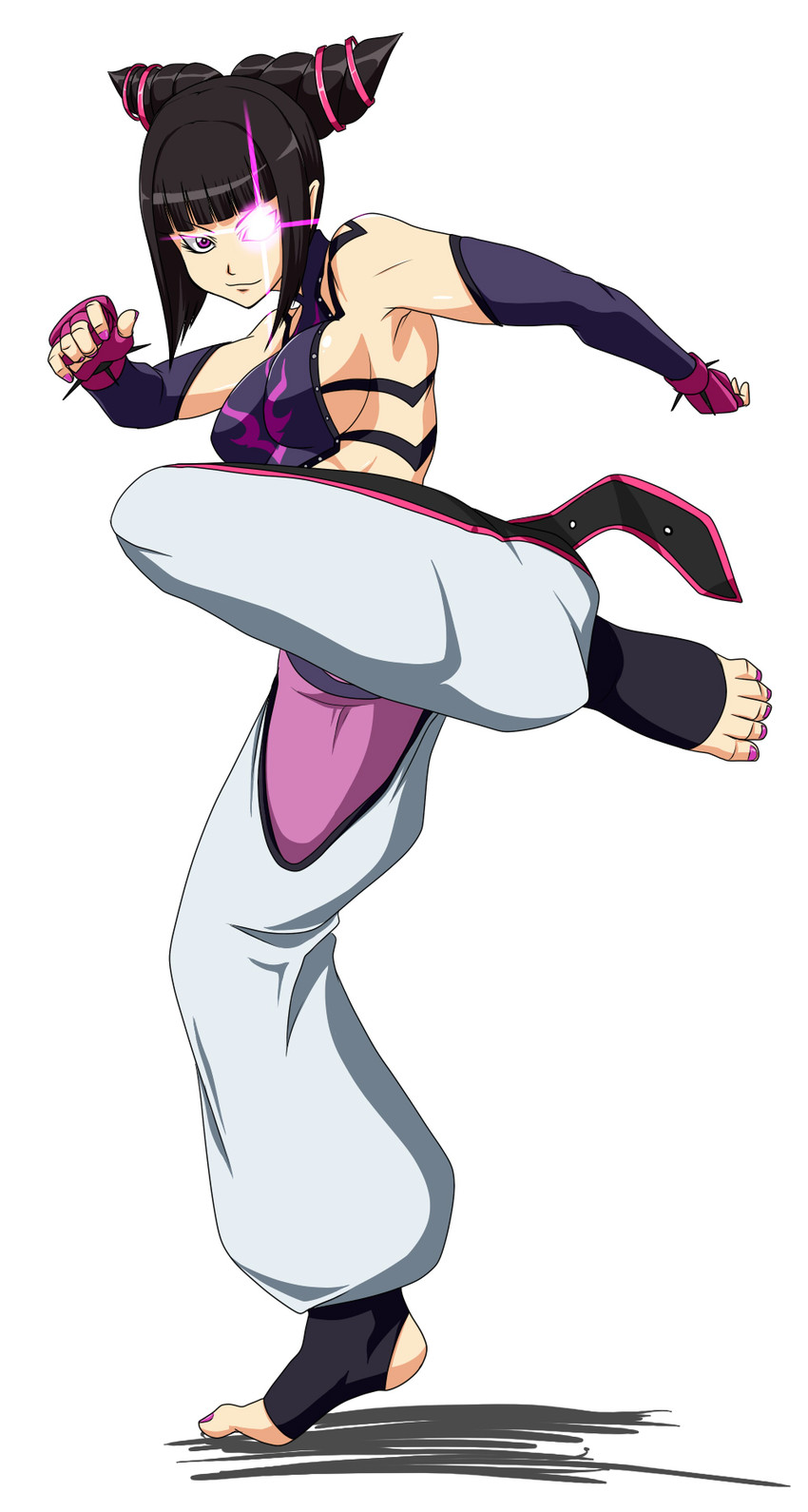 1girl bad_id barefoot black_hair breasts capcom chaps detached_sleeves drill_hair elbow_gloves feet fighting_stance fingerless_gloves gloves glowing glowing_eye glowing_eyes halter_top halterneck highres juri_han medium_breasts midriff nail_polish pepo_(absolute1123) pink_nails purple_eyes short_hair sideboob smile solo street_fighter street_fighter_iv street_fighter_iv_(series) toeless_socks toes twin_drills