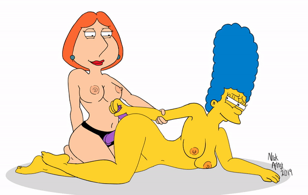 anal_penetration animated breasts dildo double_penetration family_guy gif lois_griffin marge_simpson nickartist nipples nude strap-on the_simpsons yuri