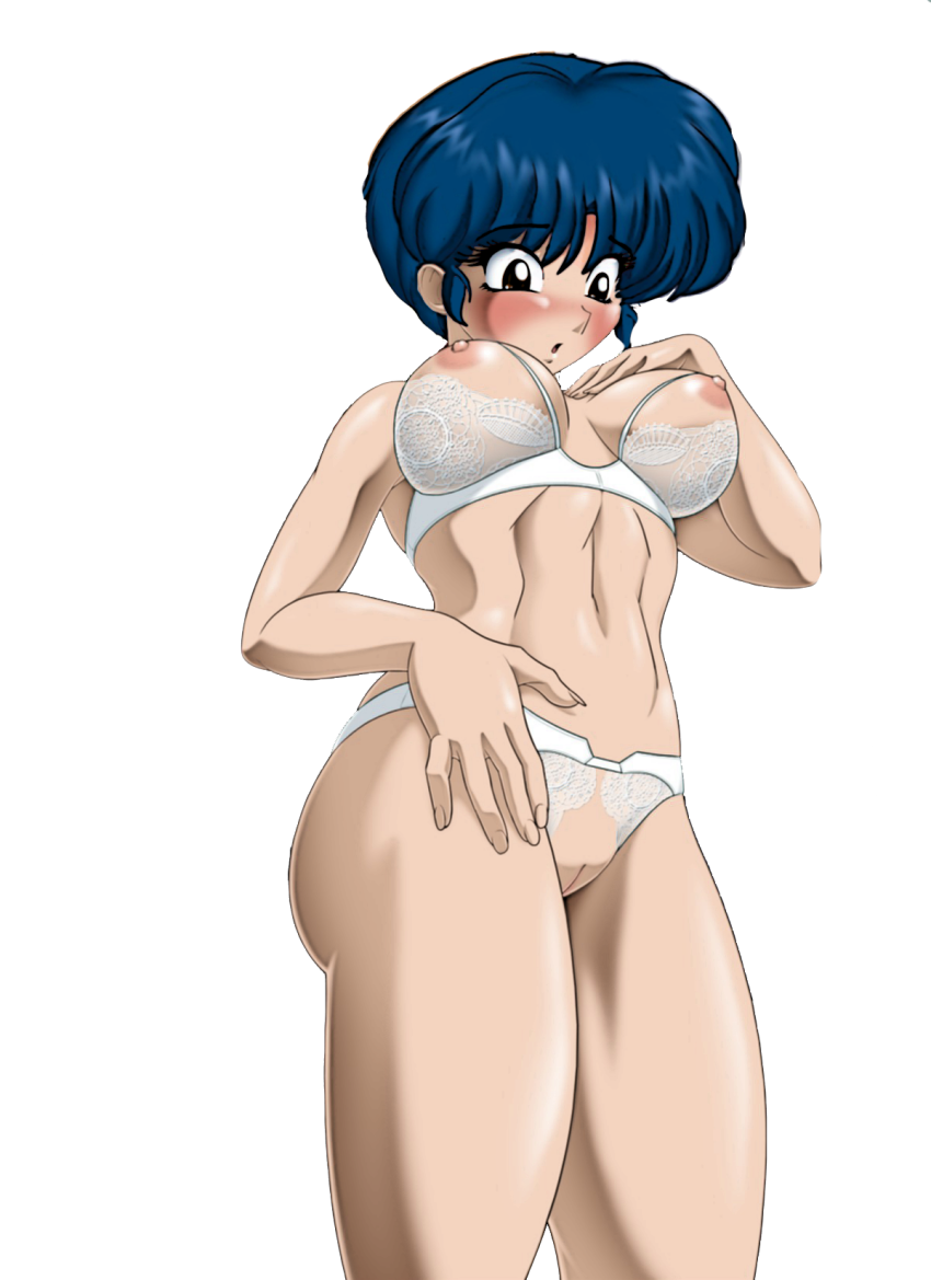 akane_tendo areola blue_hair bra brown_eyes cleavage facing_viewer fit lingerie looking_at_viewer navel nipples open_mouth oppai pussy ranma_1/2 short_hair