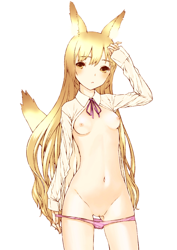 1girl animal_ears blonde_hair copyright_request flat_chest navel nipples panties panty_pull pussy sentou simple_background small_breasts solo tail uncensored underwear white_background yellow_eyes