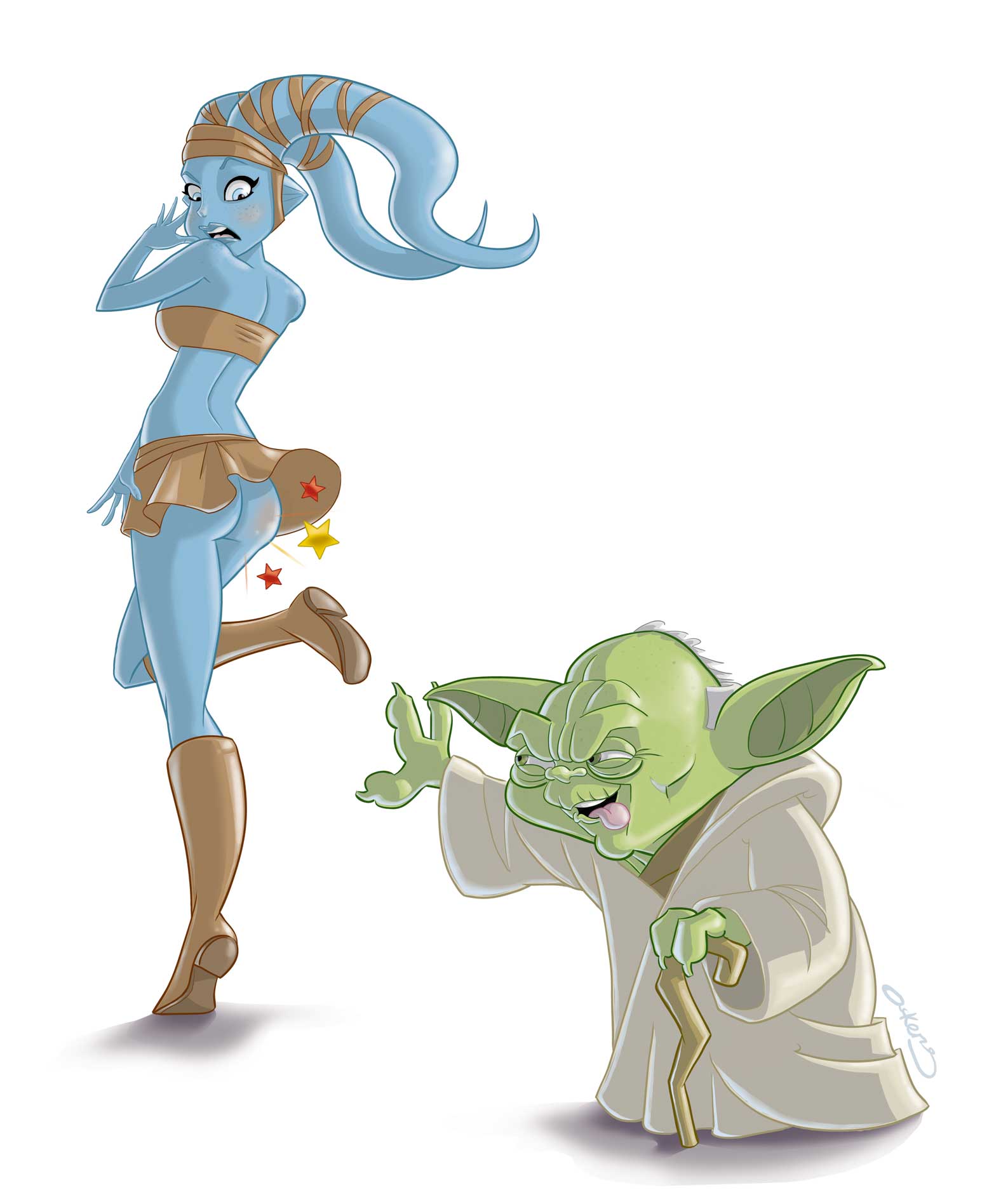 aayla_secura ackers23 alien angry ass blue_eyes blue_skin blush boots clone_wars embarrassing funny green_eyes green_skin looking_back looking_down no_panties pointy_ears red_ass skirt skirt_lift smile star star_wars star_wars:_the_clone_wars stars twi'lek yoda