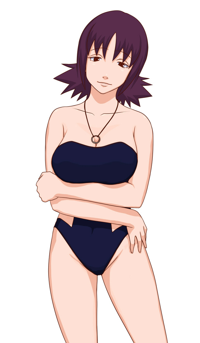 1girl arm arms art artist_request babe bare_arms bare_legs bare_shoulders big_breasts breast_hold breasts brown_eyes collarbone crossed_arms head_tilt legs looking_at_viewer neck necklace nintendo one-piece_swimsuit pokemon pokemon_(anime) professor_ivy purple_hair short_hair simple_background smile standing swimsuit uchikido_(pokemon) white_background
