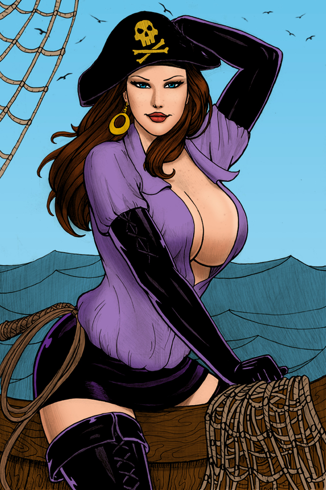 1girl black_gloves blue_eyes breasts brown_hair cleavage earrings elbow_gloves gloves hand_on_head hat large_breasts lasso lips lipstick long_hair looking_at_viewer miniskirt ocean pirate pirate_hat rope rplatt shirt skirt thigh_high_boots zettai_ryouiki