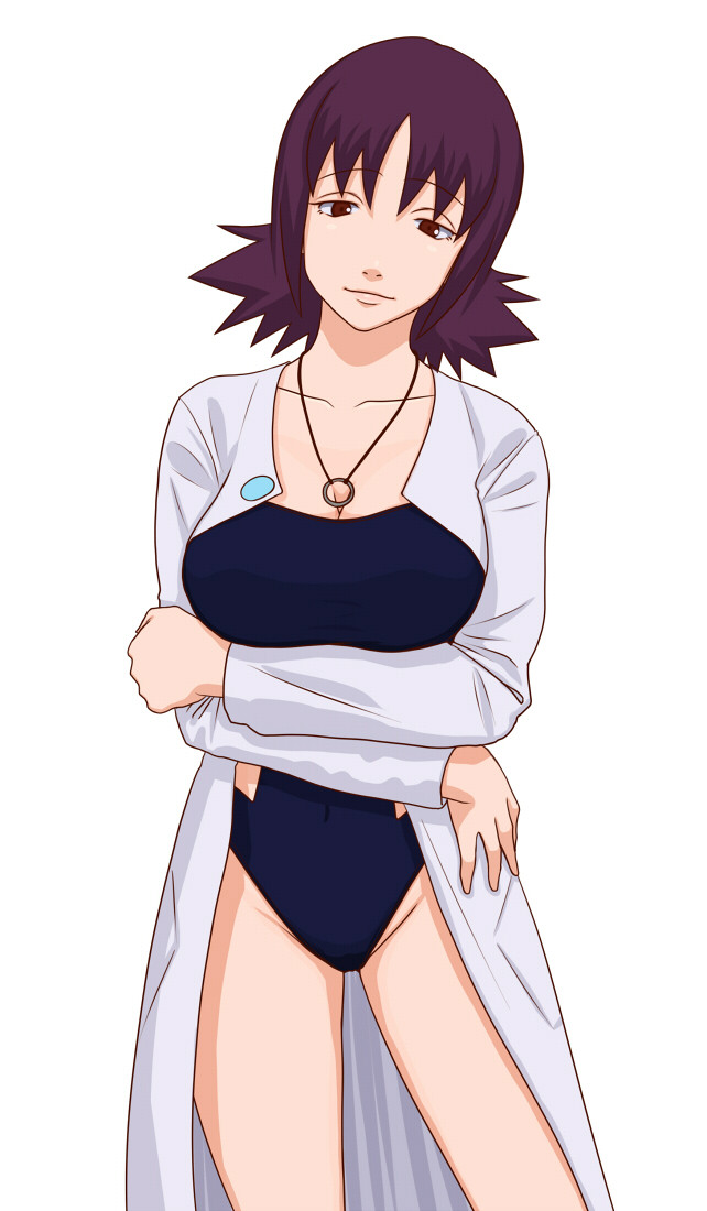 1girl art artist_request babe bare_legs big_breasts breast_hold breasts brown_eyes collarbone crossed_arms head_tilt labcoat legs long_sleeves looking_at_viewer neck necklace nintendo one-piece_swimsuit pokemon pokemon_(anime) professor_ivy purple_hair short_hair simple_background smile standing swimsuit uchikido_(pokemon) white_background